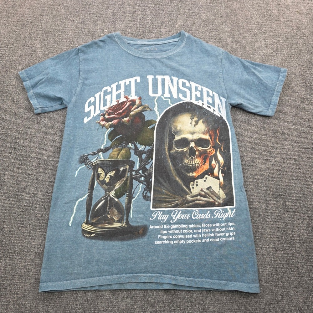 Pacsun Sight Unseen Graphic T-Shirt Skull Rose‎ Hourglass Men's Small Halloween